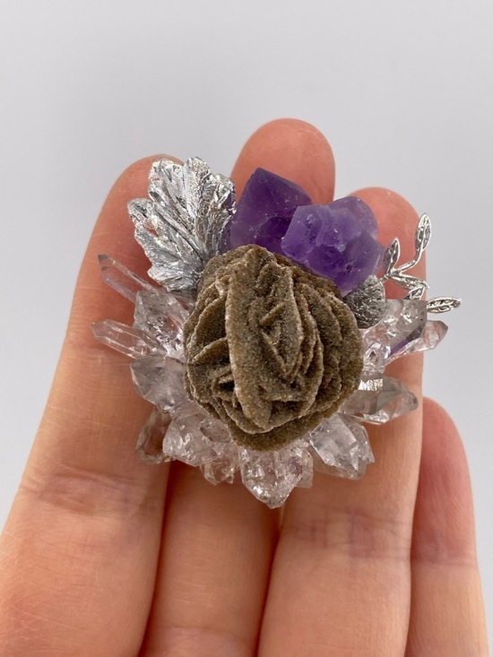 Jewelry - Desert Rose Selenite ring with fluorite & Herkimer Diamond Cluster